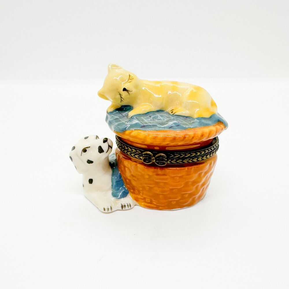 Vintage Porcelain Cat Dog Trinket Box Hinged Figurine
